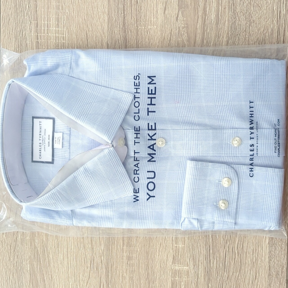 Charles Tyrwhitt Non-Iron Prince of Wales Check Shirt - Cornflower Blue- 16.5/35